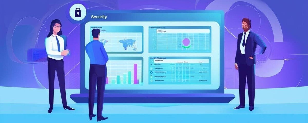 a security compliance dashboard banner appx 1200x400 pixels in the center and two animated business people, one on the left and one on the right of th-2-1-1