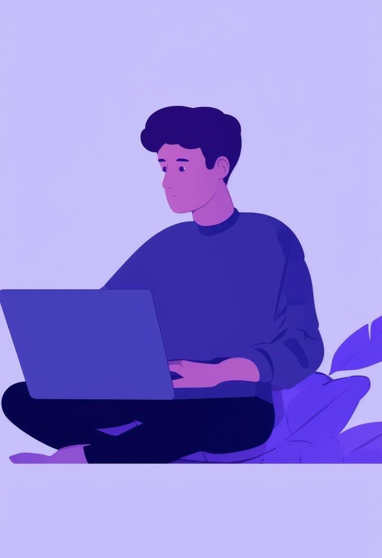 animated man sitting on a laptop, light blueish purple background-1-1