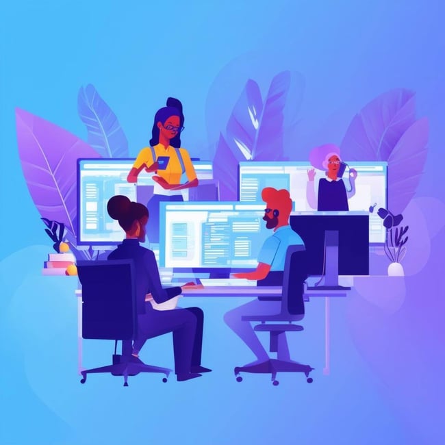 animated team of security professionals on computers helping clients with a light blue purple background