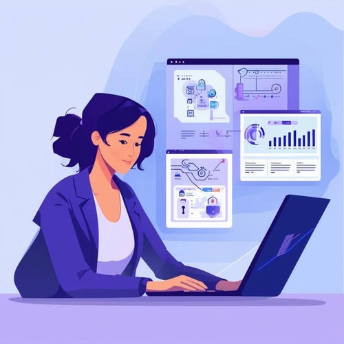 i want an image that has 3 images inside of it, one is an animated woman sitting at her laptop, the other two are charts and process flows related to-3 i want an image that has 3 images inside of it, one is an animated woman sitting at her laptop, the other two are charts and process flows related to-3