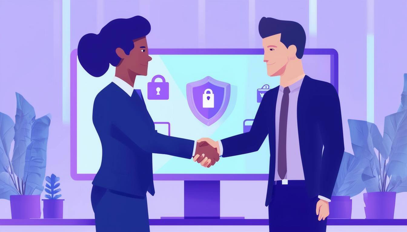 two animated characters with a light blue light purple background, business partners shaking each others hands in front of a monitor that has security