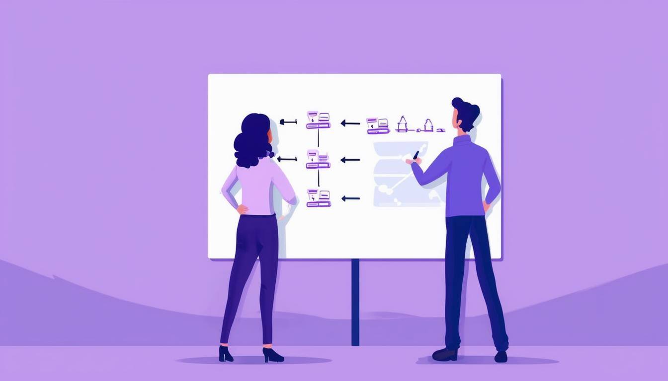 two animated characters with a light purple blueish background standing at a white board identifying gaps and assessing risks in a process