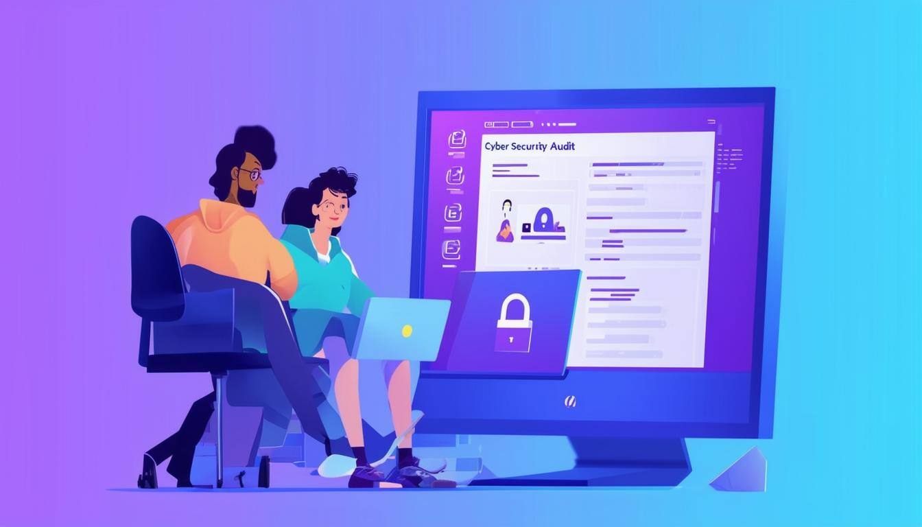 two animated characters working on a laptop together with a monitor showing the screen as they prepare for a cyber security audit, blueish light purpl