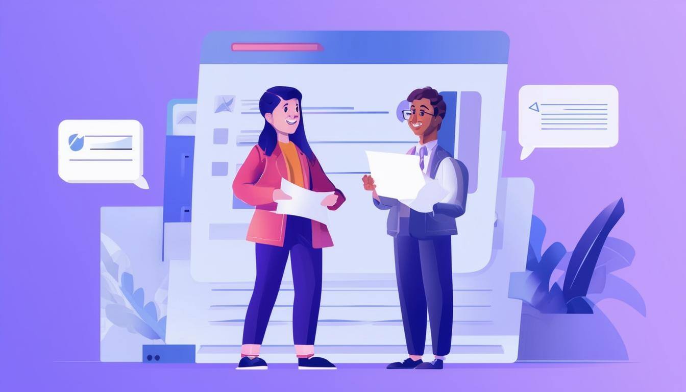 two animated characters working together in final steps of audit support, addressing questions, following up, and finalizing an external audit, blueis