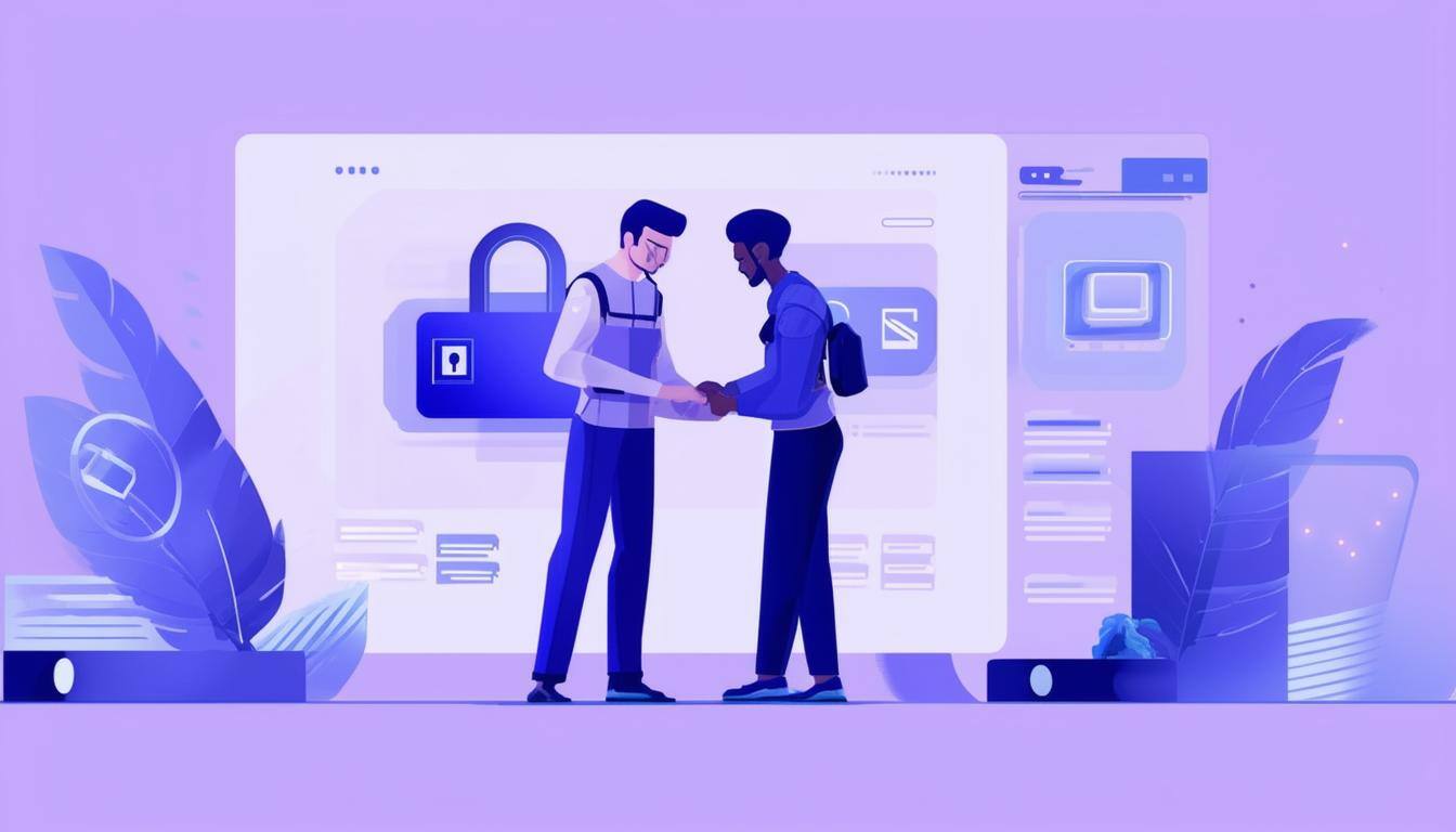 two animated characters working together with an ongoing relationship maintaining security systems, blueish light purple background