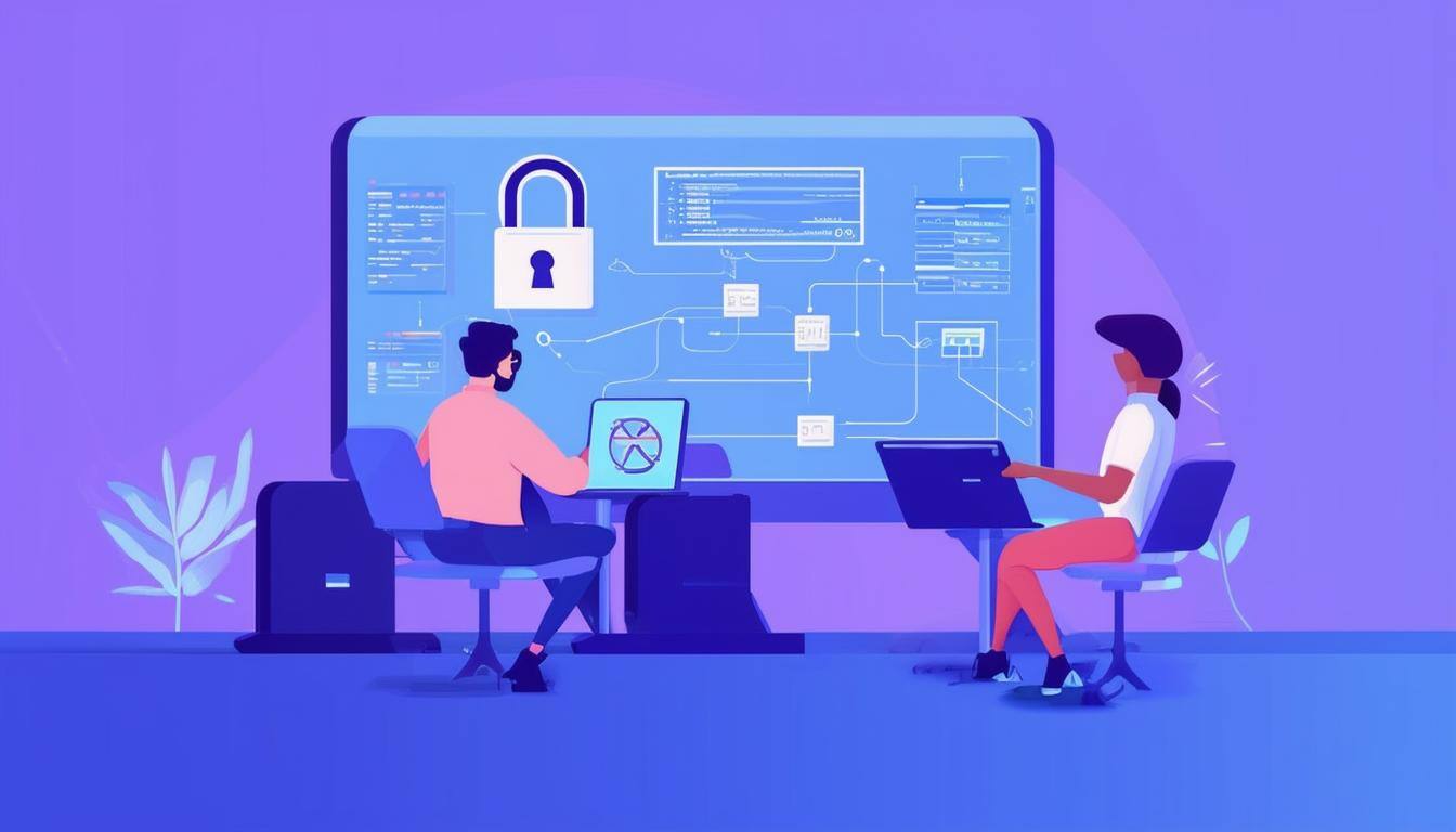 two animated people working together to design and implement security controls for a company with a blueish light purple background